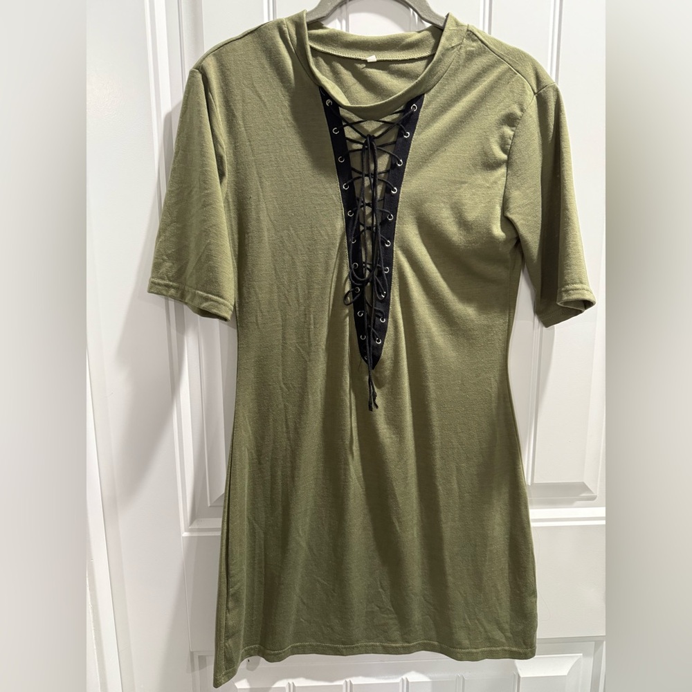 Olive Green Lace-Up Dress